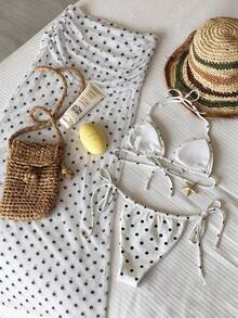 Black Polka Dot White Background Bikini Long Chiffon Dress 3 Pieces Set, Summer Beach Vacation Party Fashion Elegant Casual Swimwear Outfit - Black and White - View 5