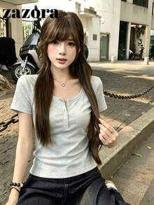 Light Gray Thin Low Neck Short Sleeve T-Shirt Women Korean Style Slim Fit Cropped Top - Light Grey - View 5