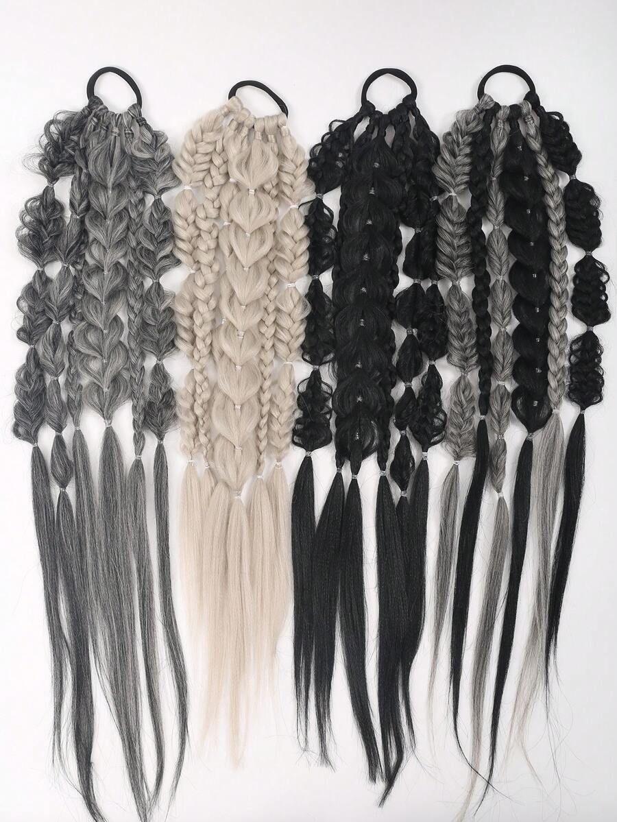 24 Inch Gradient Gray Synthetic Fiber Ponytail Wig, Flip Fishbone Braid Hairstyle, With Elastic Hair Band, Suitable For Party And Daily Wear