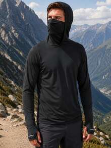Pullover Berkerudung Warna Polos untuk Pria, Atasan Lengan Panjang Kasual untuk Mendaki Gunung dan Aktivitas Luar Ruangan - Hitam - View 6