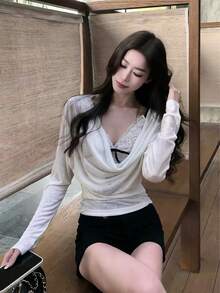 Early Autumn Sheer Scoop Neck T-Shirt Women Slim Fit Flattering Sexy Top, Layering With Innerwear Required - White - View 4