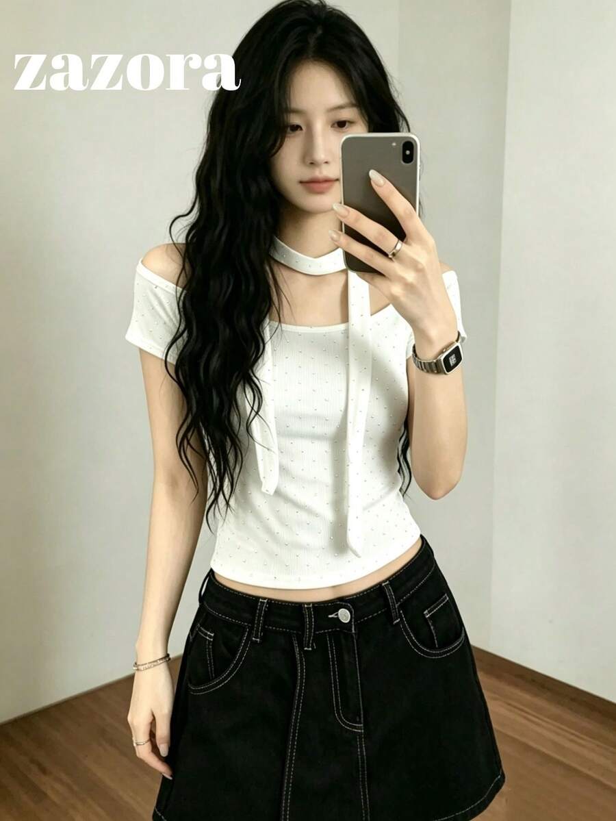 復古辣妹露鎖骨修身短版上衣 女款夏季性感極簡風 鑲鑽裝飾(非印花,為鑲鑽工藝) - 白色 - 查看 1
