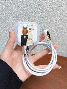 3pcs Set Wavy Pattern Charger Cable Protector UV Painted Halloween Elements Ghost Pumpkin Bat Design Suitable For UK Standard 20W Apple Charger Protective Cover, Transparent Anti-Shatter Cover, Protect Phone, Three-Prong Charger, Charging Accessories, Cable Protector Cover, - Multicolor - View 1