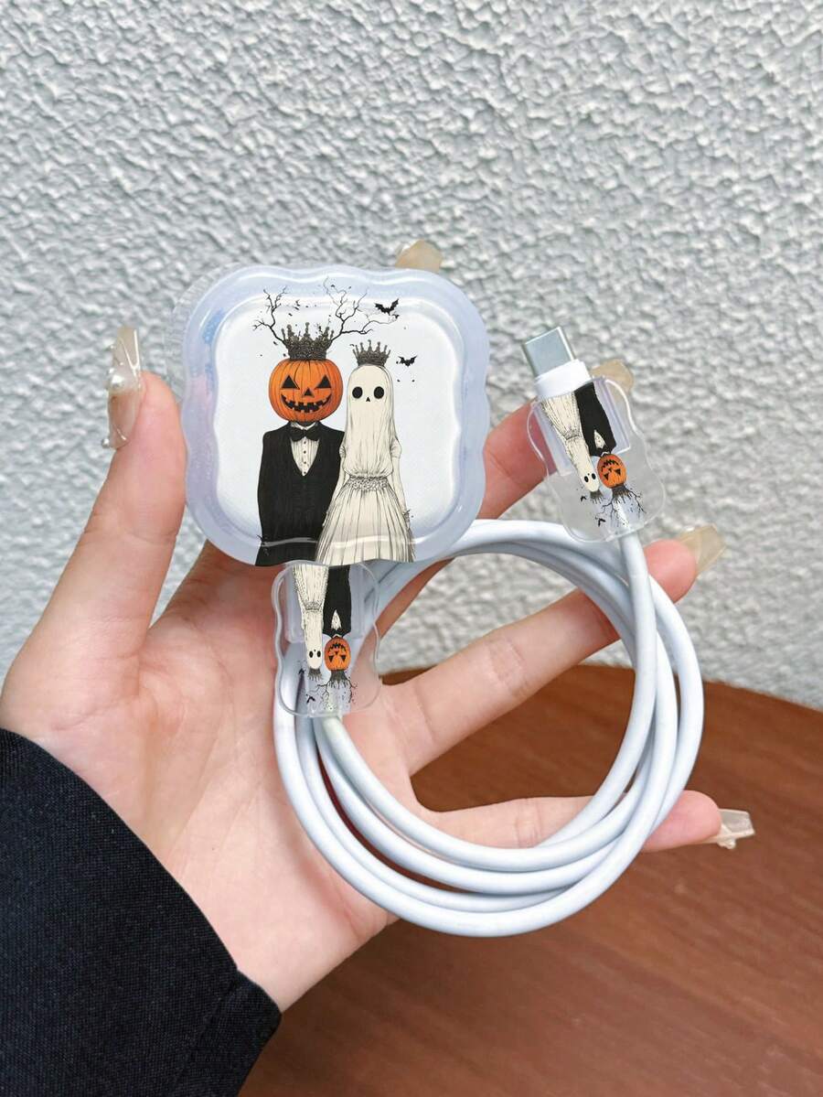 3pcs Set Wavy Pattern Charger Cable Protector UV Painted Halloween Elements Ghost Pumpkin Bat Design Suitable For UK Standard 20W Apple Charger Protective Cover, Transparent Anti-Shatter Cover, Protect Phone, Three-Prong Charger, Charging Accessories, Cable Protector Cover, - Multicolor - View 1