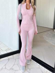 NOIRLYN Winter Women's Sports Yoga 2 Pieces Set, Stand Collar Full Zip Long Sleeve Jacket & High Waist Butt Lifting Flared Pants Outfit For Gym Workout - Pink - View 4