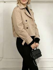 1pc Solid Color Woven Fabric Button Trench Coat Jacket, Casual, Date, Vacation, Autumn - Apricot - View 4