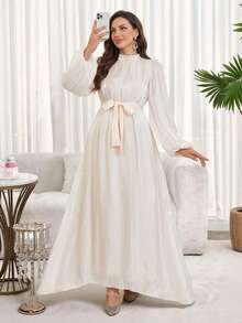Women's Solid Color Round Neck Lantern Sleeve Pleated Elegant Arabian Dress, Modest Spring Fall - Champagne - View 1