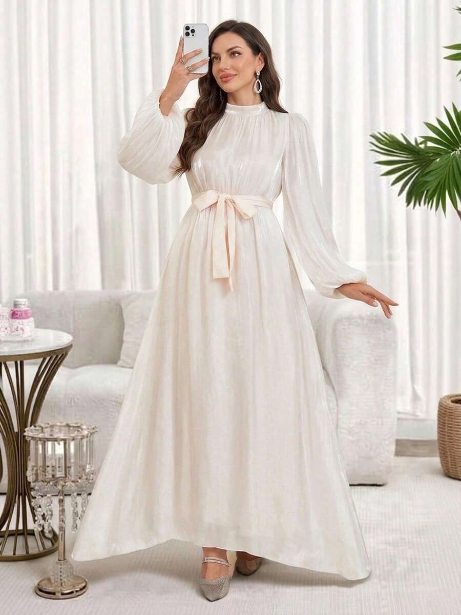 Women's Solid Color Round Neck Lantern Sleeve Pleated Elegant Arabian Dress, Modest Spring Fall - Champagne - View 1
