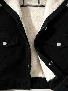 Black Corduroy Hooded Cropped Jacket For Girl, Silver Button Double Pocket Utility Style Short Jacket Top For Petite - Black - View 6
