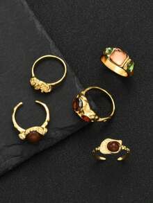 5pcs Vintage Ring Set, Men's Punk Style Colorful Faux Gemstone Stackable Rings, Hip Hop Personalized Accessories, Streetwear - Multicolor - View 2