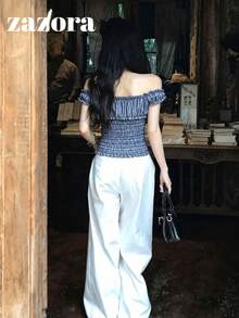 Korean Style Cold Shoulder Plaid Bow Top, Textured Short Petal Sleeve Cinched Waist Summer Blouse - Blue - View 2