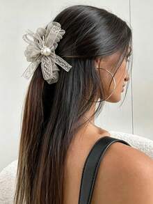 1pc Pearl Ribbon Ruched Mesh Hair Clip, Large Soft Hair Clip, Designed For Women, Suitable For Holiday Celebrations, Party Gatherings, Summer Hair Accessory Matching And Vacation Travel Wear - Regular Model - View 13