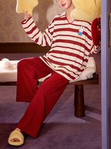 Gongdie 2 Pieces Miffy Christmas Women's Matching Pajama Set Couple,Fall Red Striped Soft Cotton Loungewear With Scalloped V-Neckline And Pocket - Red - View 5