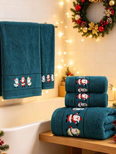 QIBHI 1/2/3pcs Pure Cotton Embroidered Santa Claus Christmas Gift Towel, Holiday Decoration Bathroom Bath Towel/Hand Towel, Christmas Gift, Couple Party, Home Decor