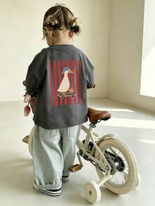 Toddler Girls Fashion Colorblock Striped Back Print Short Sleeve T-Shirt, Lightweight Soft Baby Everyday Wear Top - Dark Grey - View 1