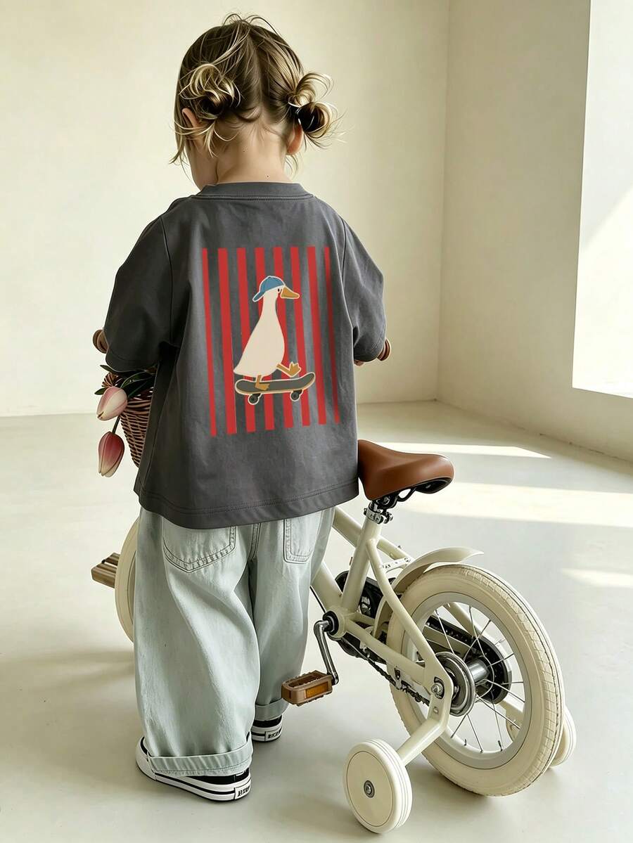 Toddler Girls Fashion Colorblock Striped Back Print Short Sleeve T-Shirt, Lightweight Soft Baby Everyday Wear Top - Dark Grey - View 1