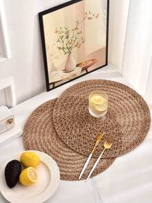 1/4/6/12pcs Bohemian Style Solid Color Woven Round Placemats, Dining Table Decor, Home Party Table Setting, Home Decoration, Christmas Decor, Halloween Decor, Thanksgiving, Back To School, Valentine's Day, Party - Mocha Brown - View 6