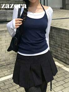 韓式簡約層次感掛脖背心與長袖T恤套裝，秋季 - 藏青色 - 查看 4
