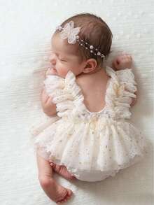 Newborn Baby Girl Photography Outfit, 3D Butterfly Decor Shiny Star Triangle Romper With Pearl Headband Set, Lace Trim Photo Romper - White - View 1