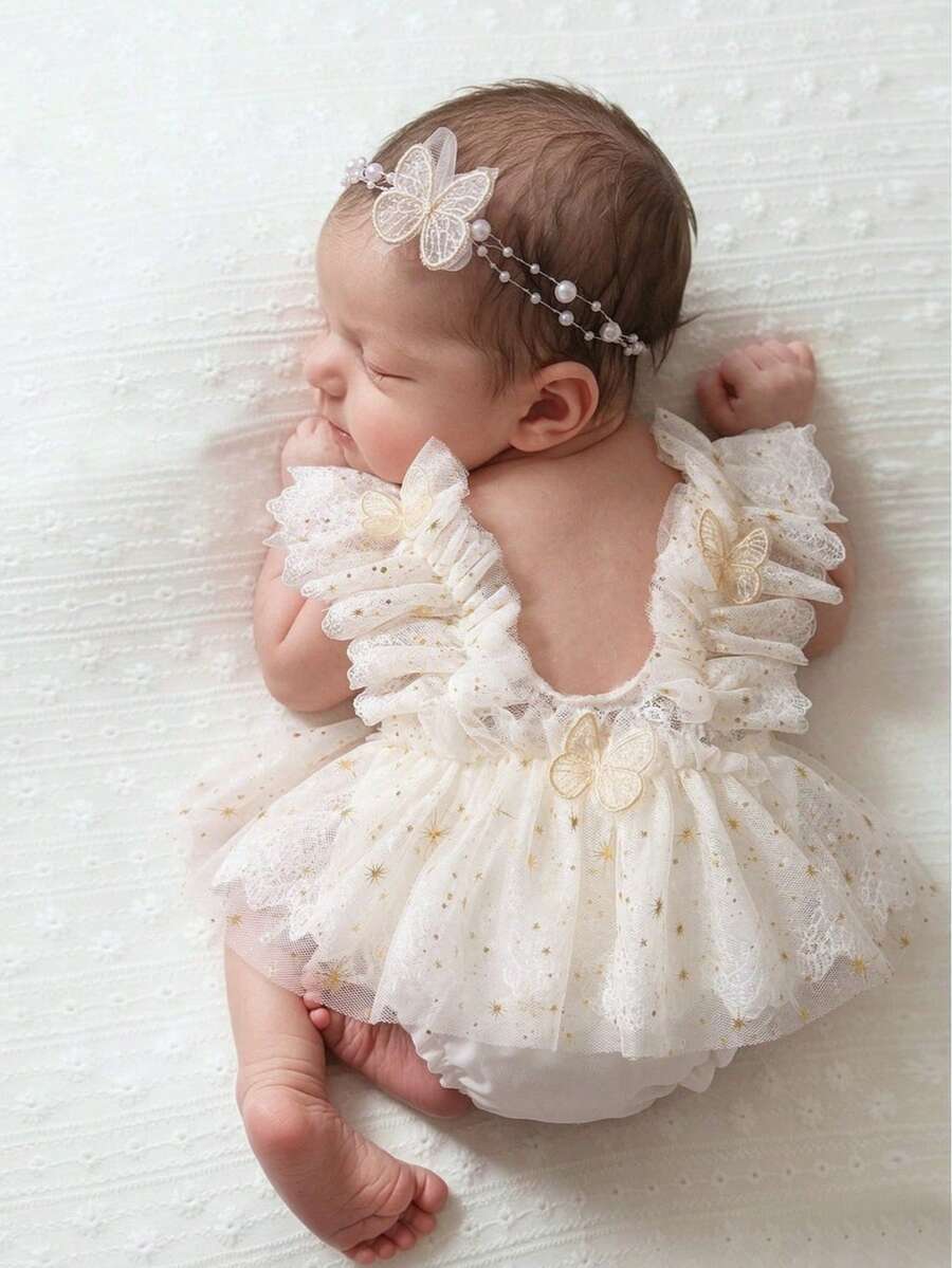 Newborn Baby Girl Photography Outfit, 3D Butterfly Decor Shiny Star Triangle Romper With Pearl Headband Set, Lace Trim Photo Romper - White - View 1