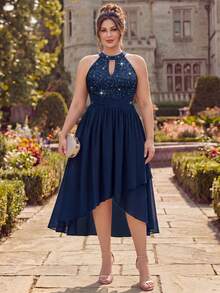 Plus Size Halter Neck Sequin Floral Lace Ruched Chiffon Dress, A-Line Skirt, Back To School Dress, Elegant Semi-Formal Dress - Navy Blue - View 3