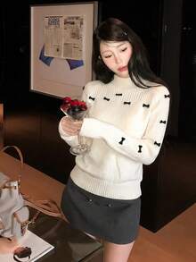 Women's Winter Korean Sweet Style Semi-High Neck 3D Bow Design Sweater, Autumn/Winter Slouchy Fashion Slimming Long Sleeve Knit Top - Apricot - View 6