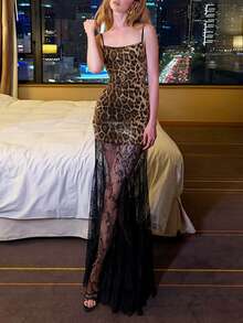 Women's Leopard Print Spaghetti Strap Sleeveless Knit Maxi Slip Dress, Elegant Party Formal Gown With Lace Hem - Brown - View 1