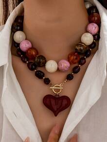 1/2pcs Thick Acrylic Bead Necklace, Large Heart Pendant, Marble Pattern Cream Color Personalized Toggle Clasp Choker, Women's Y2K Layered Jewelry - Multicolor - View 23