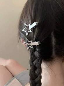 2pcs Women's Star Metal Bangs Clips, Casual Short Hair Hair Clips, Date Side Clips, Five-Point Star Pair Clips, Simple Versatile Star Hair Clips For Women Side Bangs Clip - Silver - View 5