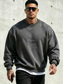 Men's Solid Color Drop Shoulder Sweatshirt, Long Sleeve Crew Neck Top, Autumn/Winter Back To School Style - Dark Grey - View 3