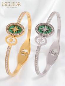 2pcs/Set Unisex Gold & Silver Stainless Steel Polaris Rhinestone Bracelet Set, 18K Gold Plated Green Striped Hollow Design Bracelet, Elegant Daily Jewelry Gift - Multicolor - View 8