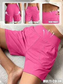 Spring/Summer Women's 1 Piece Athletic Tight Shorts, Multi-Color High Waist Tummy Control Arm-Flattering Slimming Outdoor Cycling Yoga Sports - Hot Pink - View 1