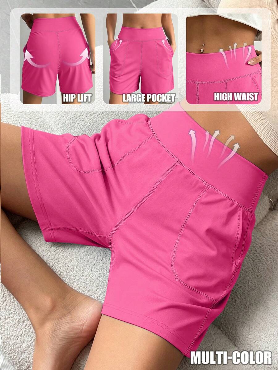 Spring/Summer Women's 1 Piece Athletic Tight Shorts, Multi-Color High Waist Tummy Control Arm-Flattering Slimming Outdoor Cycling Yoga Sports - Hot Pink - View 1