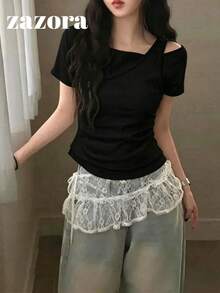 韓式女款夏季不對稱肩 2 合 1 修身百搭拼接短袖 T 恤，黑色休閒 - 黑色 - 查看 5