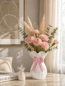 1pc White Bow Vase, Ruffled Rim Ribbed Flower Vase, Cute Pink/Red Bow Decor, Aesthetic Home Living Room Bedroom Tabletop Shelf Decor, Elegant Floral Arrangement Gift Vase - Multicolor - View 10