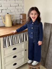 Blue Denim Outfit 4-8 Years Old Girls Fashion New Spring/Autumn Versatile Casual Asymmetrical Design Denim Jacket Short Outerwear Paired With Loose Wide Leg Pants Long Pants Two Pieces Set - Blue - View 12