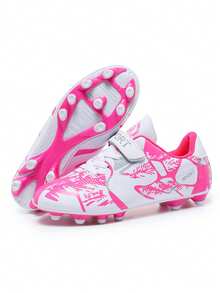 1 Pair White & Pink Camo Graffiti Football Cleats, Long Studs, High Speed, Anti-Slip, Hook & Loop Closure, Lightweight & Breathable (Hand-Painted Sole With Uneven Finish, Asymmetrical Pattern & Color On Upper) - White Powder - View 5
