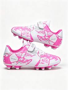 1 Pair White & Pink Camo Graffiti Football Cleats, Long Studs, High Speed, Anti-Slip, Hook & Loop Closure, Lightweight & Breathable (Hand-Painted Sole With Uneven Finish, Asymmetrical Pattern & Color On Upper) - White Powder - View 4