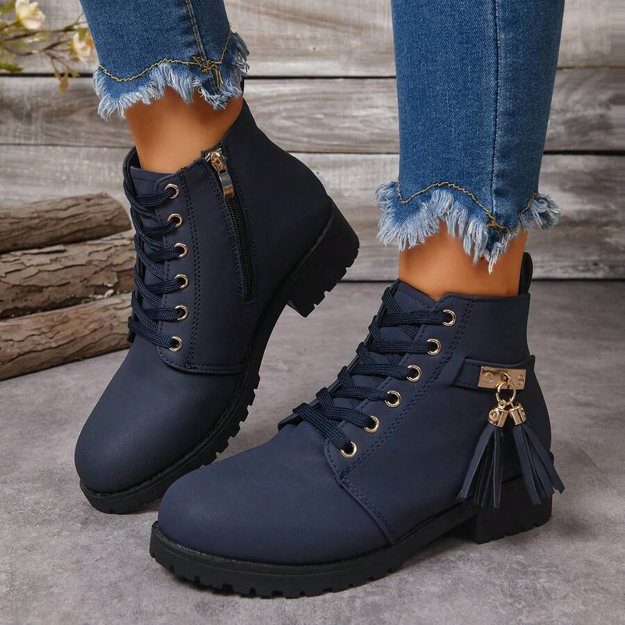 Women's Personalized Tassel Decor Ankle Boots With Metal Buckle Accessory, Lace-Up Closure And Side Zipper For Easy On/Off, Casual Daily Wear And Dating, Pairs With Pants - Blue - View 1