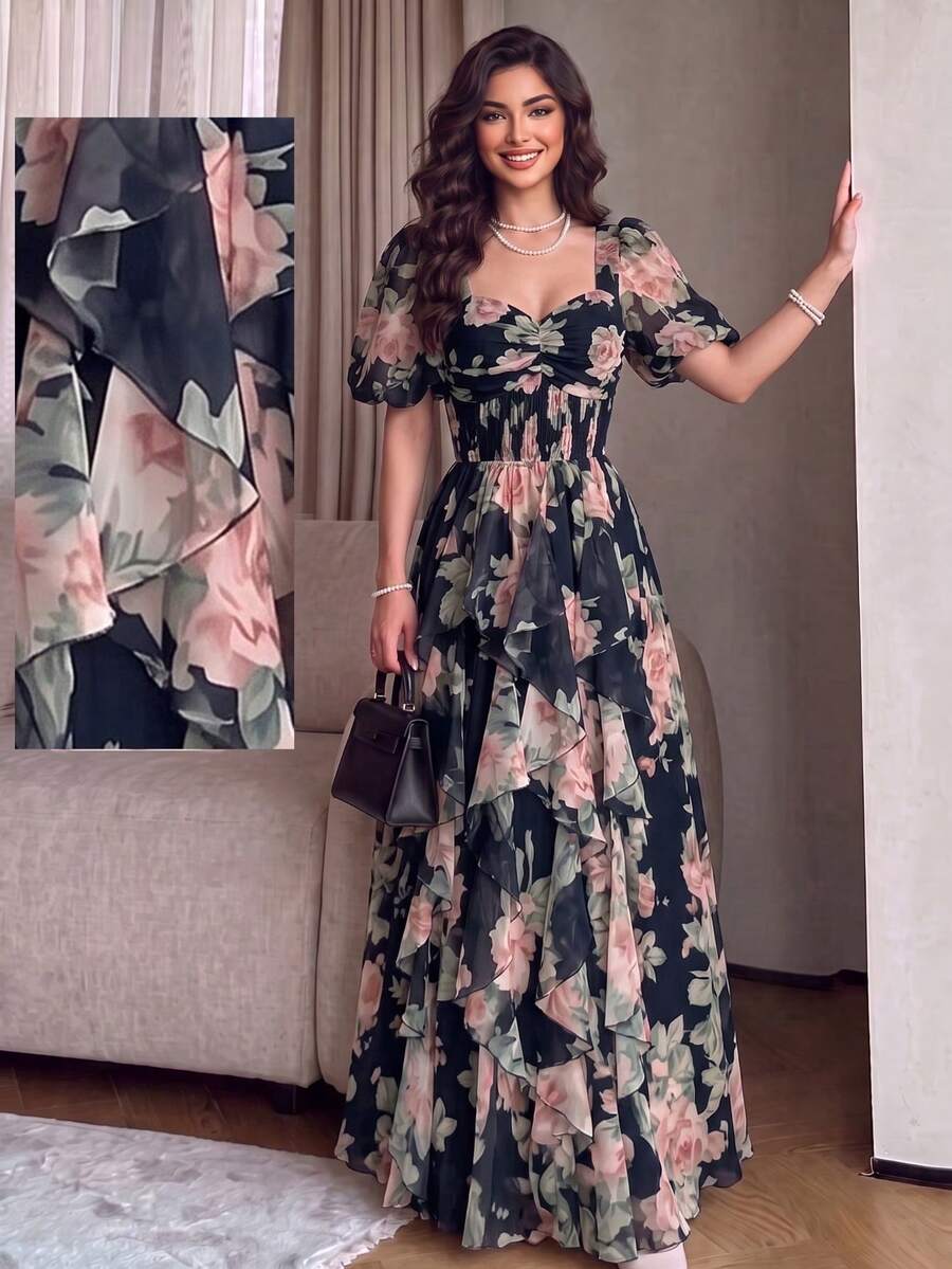 女款優雅現代浪漫花卉短袖荷葉邊拼接設計修身喇叭裙 度假黑色夏季 - 黑色 - 查看 1