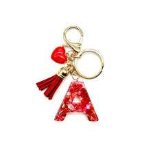 Pomegranate Style 26 Letter Keychain, Red Resin Key Chain With Heart Decoration, Tassel Crystal Bag Charm Pendant - Multicolor - View 1