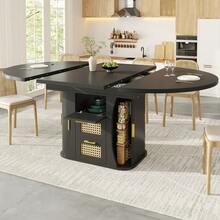 Extendable Dining Table With Storage, 118-158cm Table With Rattan Drawers, MDF Wood Look, Black / Natural Wood / Oak Look - Black + MDF - View 3