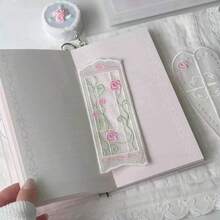 Bookmark thêu hoa hồng hồng lãng mạn, đánh dấu trang bằng vải organza trong suốt, hình trái tim và cửa sổ dễ thương, quà tặng đọc sách phù hợp cho học sinh - A - Xem 5