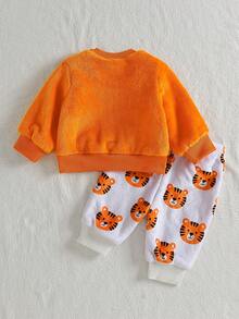 Baby Boy 3D Tiger Ear Fleece 2 Pieces Set, Cartoon Tiger Embroidered Sweatshirt + All-Over Print Pants, Soft & Comfortable Outfit For Newborns - Orange - View 5