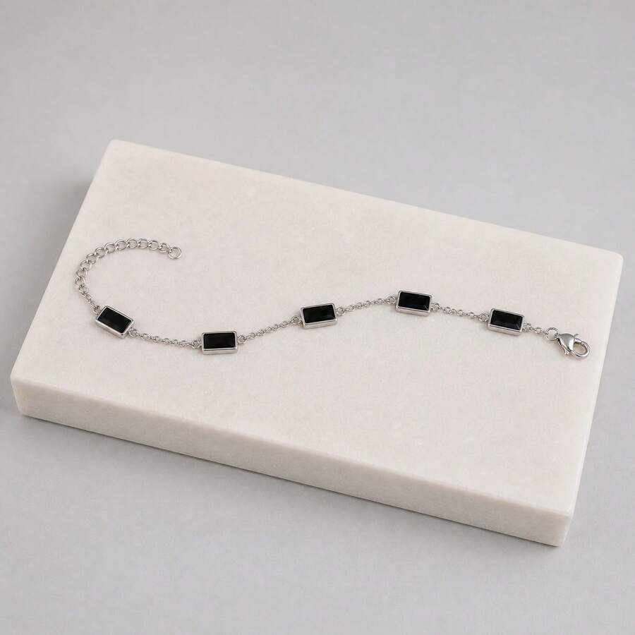 1pc Korean Style Premium Black Square Bracelet, Minimalist Rectangular Black Gemstone Commuter Layering Accessory - Steel Color - View 1