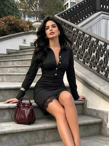 Women Fall Black Shirt Collar Bodycon Mini Dress, Long‑Sleeve Rhinestone Buttons Ruched Waist Lace Trim Hem Dress For Party Halloween Date Work - Black - View 8