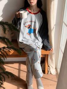 2pcs/Set Women's Pajamas Loungewear Set, Pullover Round Neck Cute Puppy Print Simple Long Sleeve 9/10 Pants, Easy Care Fabric - Multicolor - View 7