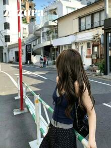 條紋拼接 2 合 1 女款細肩帶背心，設計感修身短版夏季上衣，適合辣妹穿搭 - 藏青色 - 查看 6