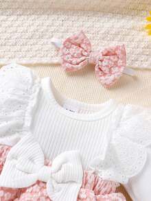 2pcs/Set, Baby Girl, Casual Elegant Fashionable Cute, Soft Comfortable, Lace Trim Embroidery Bow Decor Patchwork Floral Jacquard Cake Layered Ruffle Bodysuit Dress And Headband, Baby Girl Clothing, Newborn Baby Girl Clothing, Baby Clothing, Baby Supplies, Autumn Baby Girl Clothing, Newborn Clothing, Suitable For Daily Wear, Vacation, Party, Outdoor Activities, Photography - Multicolor - View 4