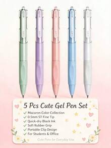 1/5pcs Rainbow Mousse Macaron Color Retractable Gel Pens, Quick-Dry Black Ink, Soft Rubber Non-Slip Grip Ballpoint Pens, Smooth Writing Pens For Students' Exam Practice And Note-Taking, Back To School Gift For Friends - Sets - View 4